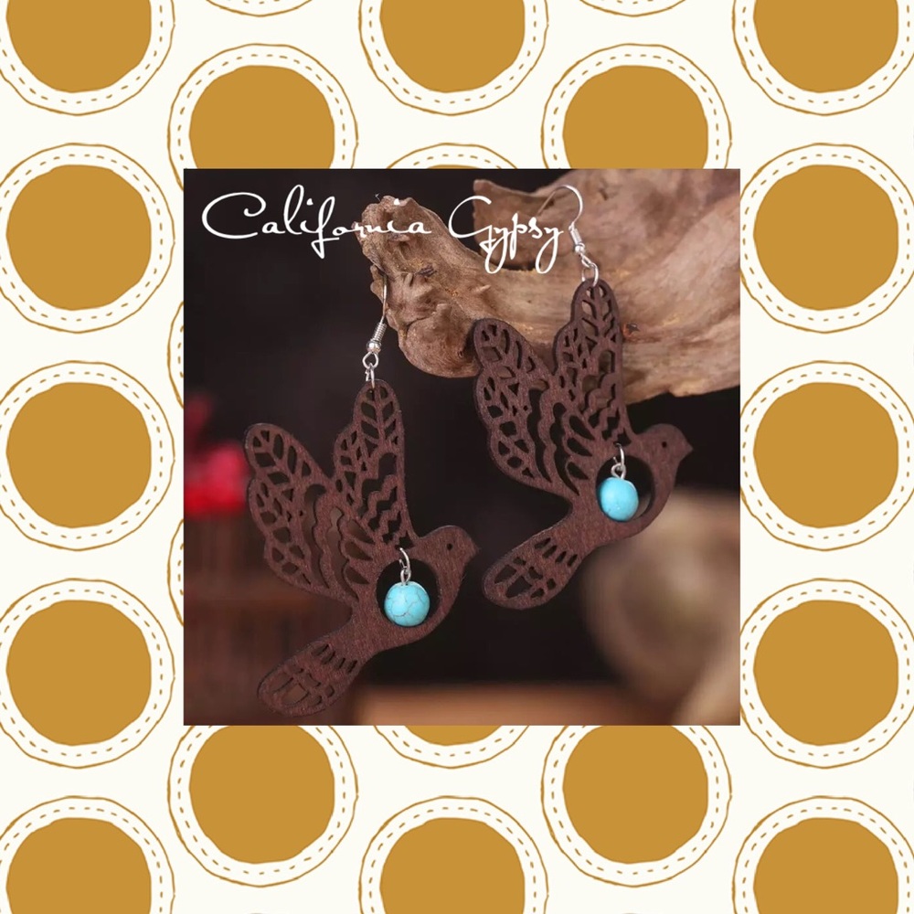 Turquoise Tooled Wood Bird Earrings - Picture 6 of 7
